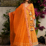 Mustard Yellow Floral Printed Cotton Anarkali Set With Zari Border