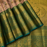 Blush Pink Kanjivaram Silk Saree With Teal Green Contrast Border And Gold Zari