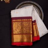 Beige Checked Kanjivaram Saree With Woven Gold Zari Peacock-Elephant Border