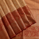 Radiant Beige & Deep Red Handwoven Kanjivaram Silk Saree With Grand Floral Zari Weave