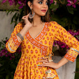Mustard Yellow Floral Printed Cotton Anarkali Set With Zari Border