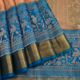 Peach Kanjivaram Silk Saree With Peacock Blue Bird Motif Border