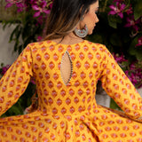 Mustard Yellow Floral Printed Cotton Anarkali Set With Zari Border