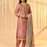 Shiny Flamingo Pink Floral Tissue Kurta Set