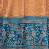 Peach Kanjivaram Silk Saree With Peacock Blue Bird Motif Border