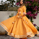 Mustard Yellow Floral Printed Cotton Anarkali Set With Zari Border
