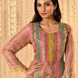 Shiny Flamingo Pink Floral Tissue Kurta Set