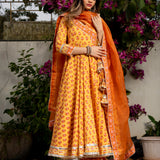 Mustard Yellow Floral Printed Cotton Anarkali Set With Zari Border