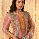 Shiny Flamingo Pink Floral Tissue Kurta Set