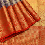 Navy Blue Kanjivaram Silk Saree With Red Border And Gold Zari Floral Weave