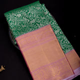 Green And Pink Kanjivaram Silk Saree With Silver Shikargah Weave And Gold Zari Border