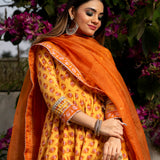Mustard Yellow Floral Printed Cotton Anarkali Set With Zari Border