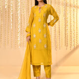Bright Yellow Embroidered Mul Chanderi Kurta Set