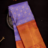Lavender Purple Kanjivaram Silk Saree With Gold Zari Floral Butti Body & Contrast Red-Pink Heavy Zari Pallu
