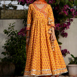 Mustard Yellow Floral Printed Cotton Anarkali Set With Zari Border