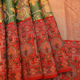 Green Kanjivaram Silk Saree With Multicolour Shikargah Red Border