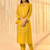 Bright Yellow Embroidered Mul Chanderi Kurta Set