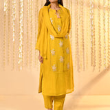 Bright Yellow Embroidered Mul Chanderi Kurta Set