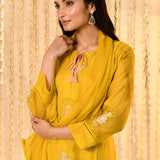 Bright Yellow Embroidered Mul Chanderi Kurta Set