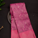 Pink Kanjivaram Silk Saree With Silver Flamingo Weave & Gold Striped Border