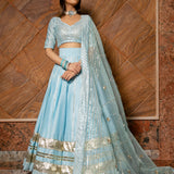 Powder Blue Cotton Lehenga With Gold Striped Blouse And Trailing Dupatta