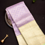 Lavender Kanjivaram Silk Saree With Gold Zari Border And Green Pallu