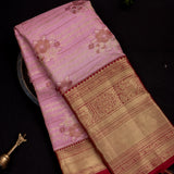 Baby Pink Kanjivaram Silk Saree With Floral Stripes & Maroon-Gold Temple Border