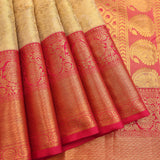 Beige Kanjivaram Silk Saree With Pink Border And Gold Zari Floral Weave