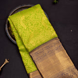 Lime Green Kanjivaram Silk Saree With Gold Zari Floral Jaal Body & Navy Blue Contrast Zari Pallu