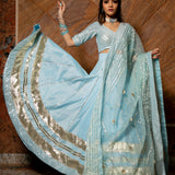 Powder Blue Cotton Lehenga With Gold Striped Blouse And Trailing Dupatta