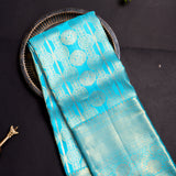 Sky Blue Kanjivaram Silk Saree With Gold Medallion Booti & Floral Pallu