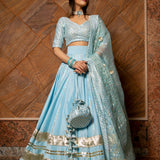 Powder Blue Cotton Lehenga With Gold Striped Blouse And Trailing Dupatta