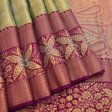 Pista Green Kanjivaram Silk Saree With Magenta Border And Gold Zari Floral Weave