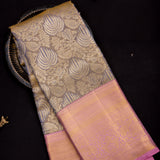 Blue Kanjivaram Silk Saree With Pink Contrast Border & Mustard Gold Pallu