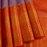 Pure Kanjivaram Silk Saree — Lavender With Orange-Red Contrast Border & Gold Zari Floral Pallu