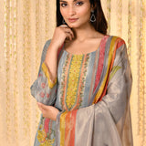 Shiny Greyish Blue Floral Tissue Kurta Set