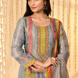Shiny Greyish Blue Floral Tissue Kurta Set
