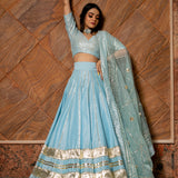 Powder Blue Cotton Lehenga With Gold Striped Blouse And Trailing Dupatta
