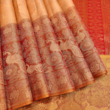 Beige Kanjivaram Silk Saree With Red Peacock Zari Border