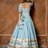 Powder Blue Cotton Lehenga With Gold Striped Blouse And Trailing Dupatta