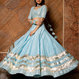 Powder Blue Cotton Lehenga With Gold Striped Blouse And Trailing Dupatta