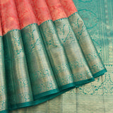 Peach Kanjivaram Silk Saree With Teal Peacock Zari Border