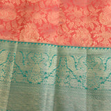 Peach Kanjivaram Silk Saree With Teal Peacock Zari Border