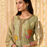 Shiny Pastel Green Floral Tissue Kurta Set