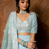 Powder Blue Cotton Lehenga With Gold Striped Blouse And Trailing Dupatta