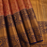 Coral Red Kanjivaram Silk Saree With Navy Peacock Zari Border