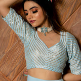 Powder Blue Cotton Lehenga With Gold Striped Blouse And Trailing Dupatta