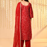 Bright Red Floral Embroidered Crepe Kurta Set