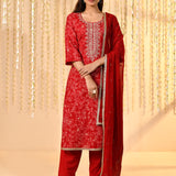 Bright Red Floral Embroidered Crepe Kurta Set