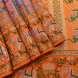 Orange Kanjivaram Silk Saree With Multicolour Elephant And Floral Shikargah Weave